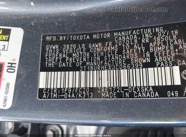 2T1BURHEXJC066399 2018 TOYOTA COROLLA Blue Widok komory silnika