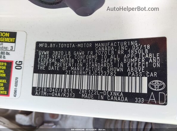 2T1BURHEXJC123782 2018 TOYOTA COROLLA Белый Вид подкапотного пространства