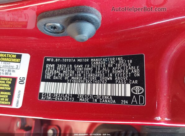 2T1BURHEXKC140762 2019 TOYOTA COROLLA Red Շարժիչի բաժամունքի տեսք