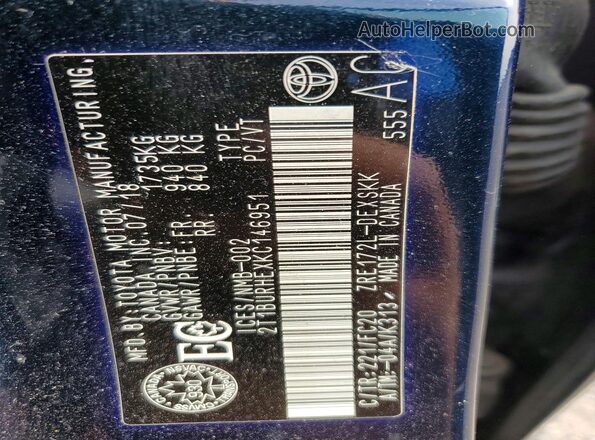 2T1BURHEXKC146951 2019 TOYOTA COROLLA Teal Вид наклейки з VIN-кодом