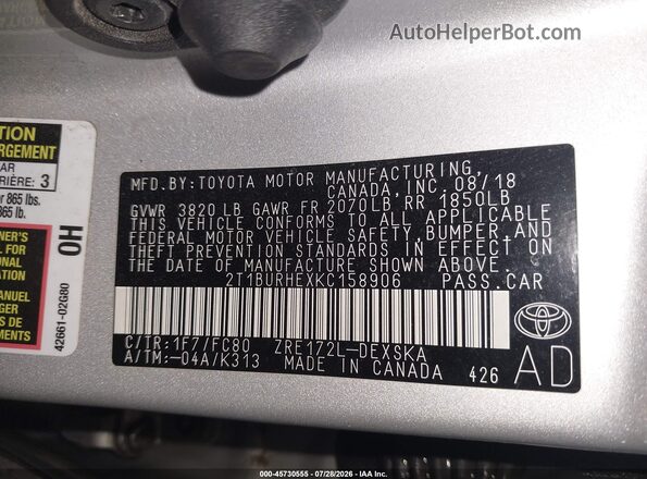 2T1BURHEXKC158906 2019 TOYOTA COROLLA Gray Вид підкапотного простору
