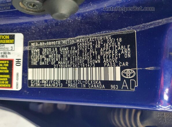 2T1BURHEXKC181473 2019 TOYOTA COROLLA Blue VIN կոդի պիտակի տեսք