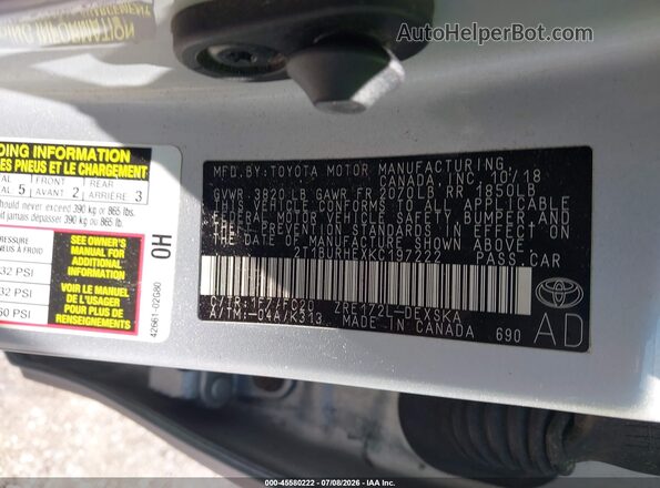 2T1BURHEXKC197222 2019 TOYOTA COROLLA Серебряный Вид подкапотного пространства