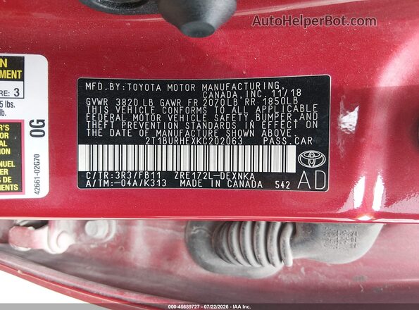 2T1BURHEXKC202063 2019 TOYOTA COROLLA Red Widok komory silnika
