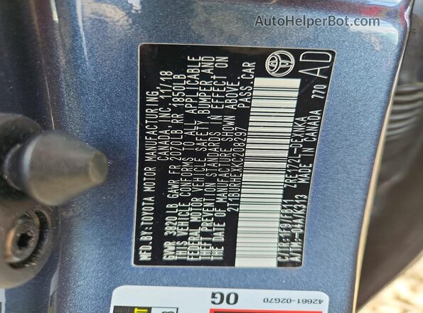 2T1BURHEXKC208297 2019 TOYOTA COROLLA Gray Շարժիչի բաժամունքի տեսք