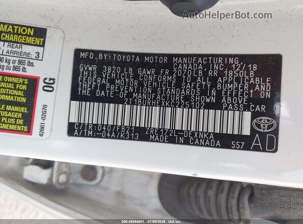 2T1BURHEXKC225102 2019 TOYOTA COROLLA White ძრავის განყოფილების ხედი