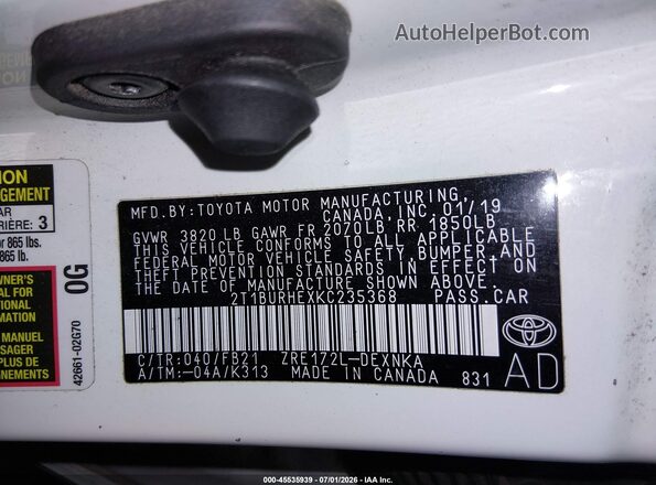 2T1BURHEXKC235368 2019 TOYOTA COROLLA White ძრავის განყოფილების ხედი