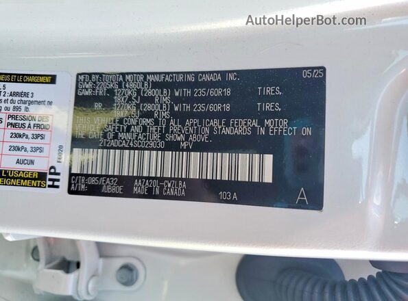 2T2ADCAZ4SC029030 2025 LEXUS NX Белый Вид наклейки с VIN-кодом
