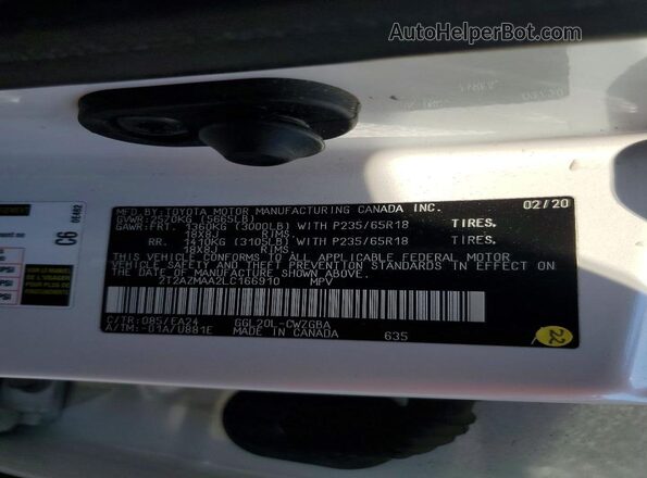 2T2AZMAA2LC166910 2020 LEXUS RX White VIN կոդի պիտակի տեսք