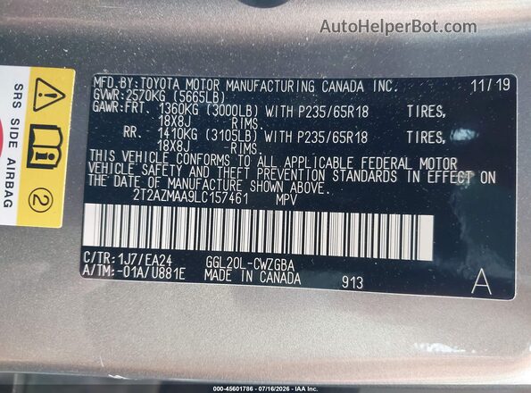 2T2AZMAA9LC157461 2020 LEXUS RX 350 Gray Widok komory silnika