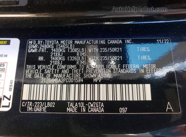 2T2BAMBA2PC001584 2023 LEXUS RX Black Widok naklejki z numerem VIN