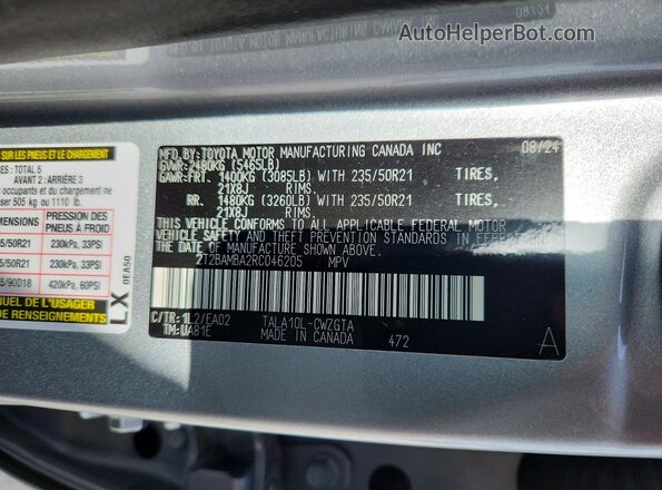 2T2BAMBA2RC046205 2024 LEXUS RX Gray Widok naklejki z numerem VIN