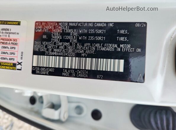 2T2BAMBA4RC045220 2024 LEXUS RX White Vista del compartimento del motor