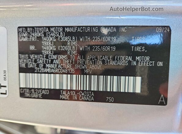 2T2BAMBA6RC048135 2024 LEXUS RX Silver VIN კოდის სტიკერის ხედი