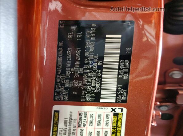 2T2BAMCA3TC143449 2026 LEXUS RX Orange Widok naklejki z numerem VIN