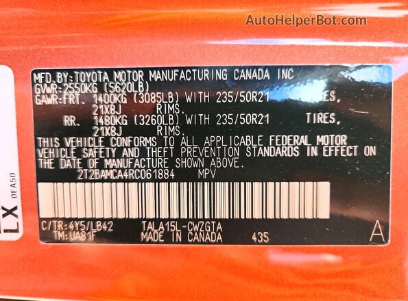 2T2BAMCA4RC061884 2024 LEXUS RX Оранжевый Вид наклейки с VIN-кодом