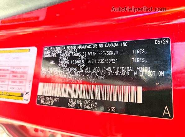 2T2BAMCA4RC069760 2024 LEXUS RX Red VIN sticker view