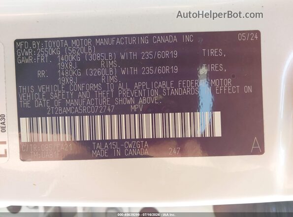 2T2BAMCA5RC072747 2024 LEXUS RX 350 Белый Вид подкапотного пространства