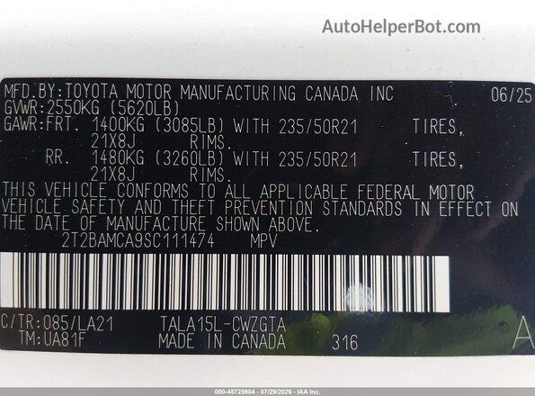 2T2BAMCA9SC111474 2025 LEXUS RX 350 White Widok komory silnika