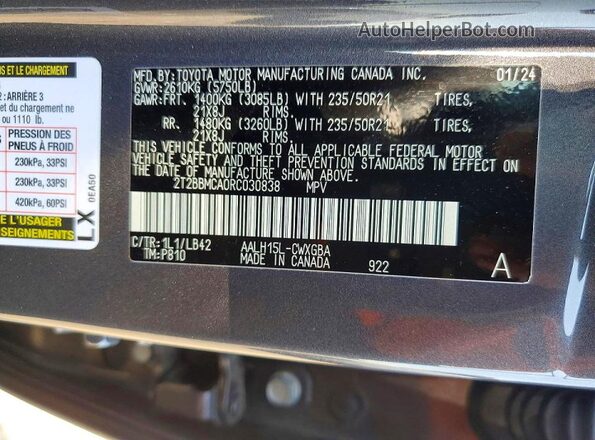 2T2BBMCA0RC030838 2024 LEXUS RX Gray Widok naklejki z numerem VIN