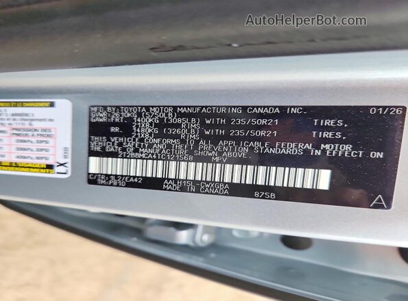 2T2BBMCA4TC121568 2026 LEXUS RX Silver Widok naklejki z numerem VIN