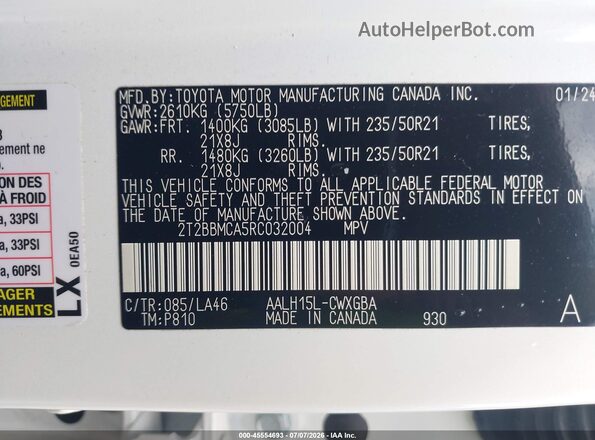 2T2BBMCA5RC032004 2024 LEXUS RX 350H White Вид підкапотного простору