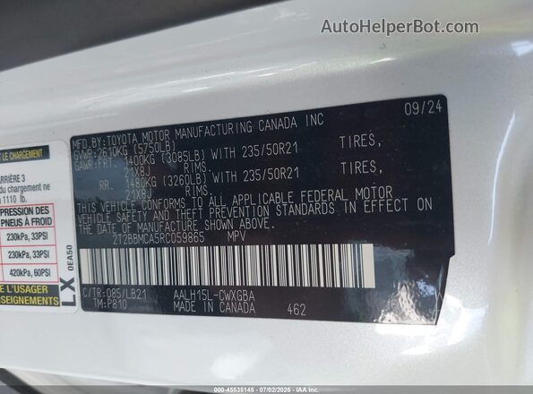 2T2BBMCA5RC059865 2024 LEXUS RX 350H White Vista del compartimento del motor