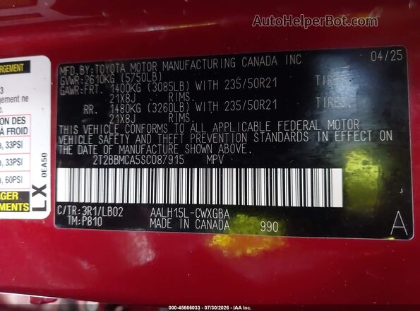 2T2BBMCA5SC087915 2025 LEXUS RX 350H Red Engine compartment view