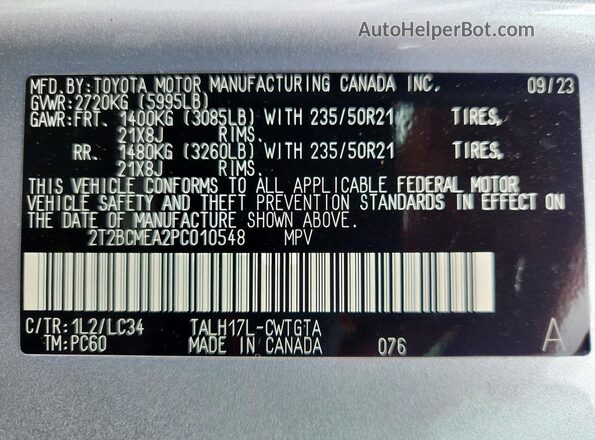 2T2BCMEA2PC010548 2023 LEXUS RX Серебряный Вид наклейки с VIN-кодом