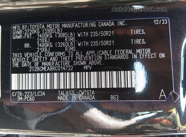 2T2BCMEA8RC014722 2024 LEXUS RX 500H Black Vista del compartimento del motor