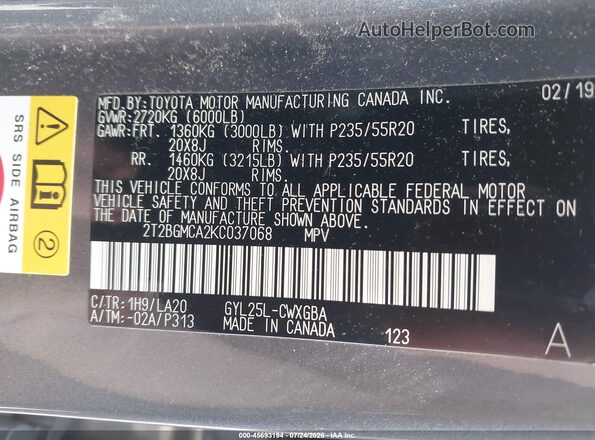 2T2BGMCA2KC037068 2019 LEXUS RX 450H Серый Вид подкапотного пространства