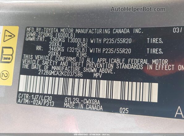 2T2BGMCA2KC037586 2019 LEXUS RX Бежевый Вид подкапотного пространства