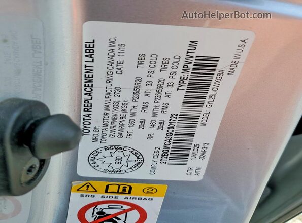 2T2BGMCA3GC001722 2016 LEXUS RX Silver VIN կոդի պիտակի տեսք