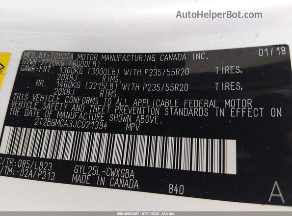 2T2BGMCA3JC021394 2018 LEXUS RX 450H Белый Вид подкапотного пространства
