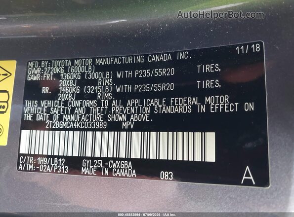 2T2BGMCA4KC033989 2019 LEXUS RX 450H Серый Вид подкапотного пространства
