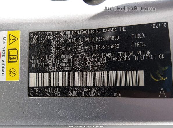2T2BGMCA7GC004879 2016 LEXUS RX 450H Silver Widok komory silnika