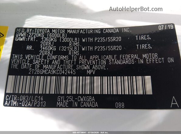 2T2BGMCA9KC042445 2019 LEXUS RX Белый Вид подкапотного пространства