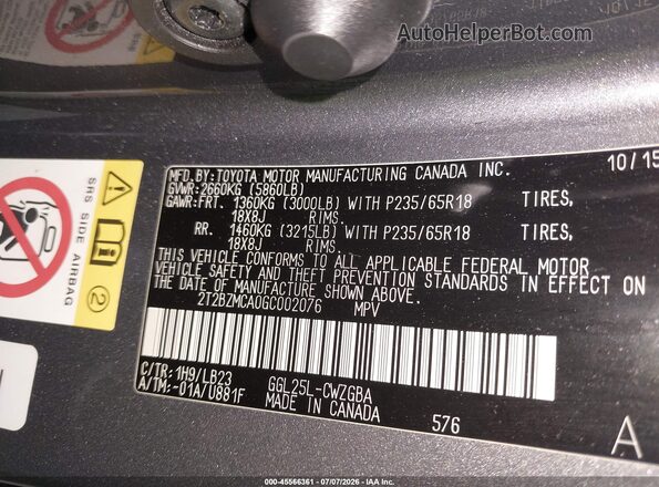 2T2BZMCA0GC002076 2016 LEXUS RX 350 Gray Вид підкапотного простору