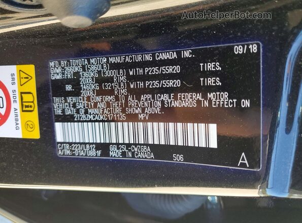 2T2BZMCA0KC171135 2019 LEXUS RX Черный Панорамный вид салона 360°