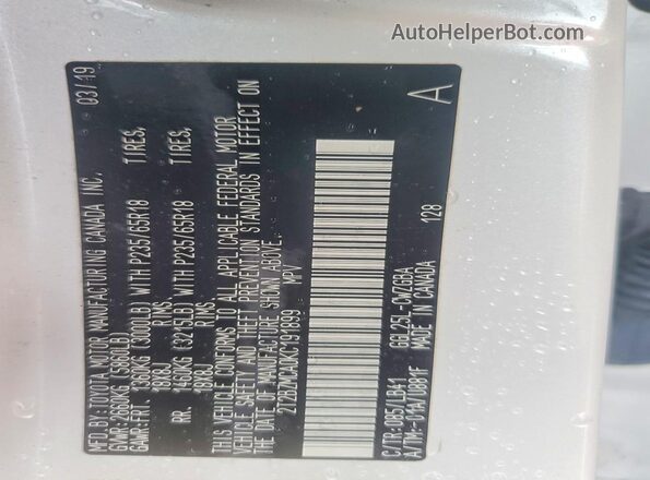 2T2BZMCA0KC191899 2019 LEXUS RX White Вид наклейки з VIN-кодом