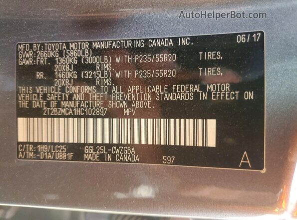 2T2BZMCA1HC102897 2017 LEXUS RX Gray VIN sticker view