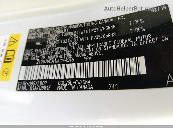 2T2BZMCA1JC144945 2018 LEXUS RX 350 White Вид підкапотного простору