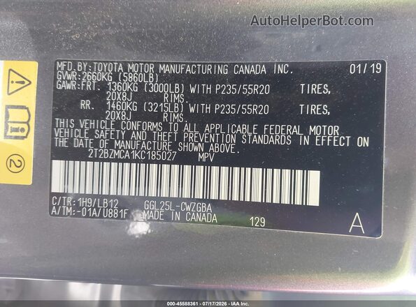2T2BZMCA1KC185027 2019 LEXUS RX 350 Gray ძრავის განყოფილების ხედი