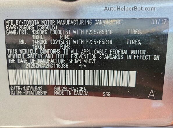 2T2BZMCA2HC116386 2017 LEXUS RX Silver VIN კოდის სტიკერის ხედი