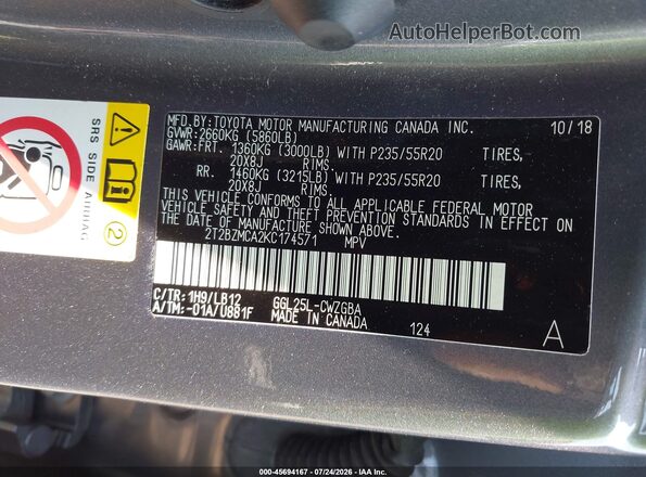 2T2BZMCA2KC174571 2019 LEXUS RX 350 Серый Вид подкапотного пространства
