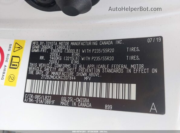 2T2BZMCA2KC207844 2019 LEXUS RX 350 White Vista del compartimento del motor