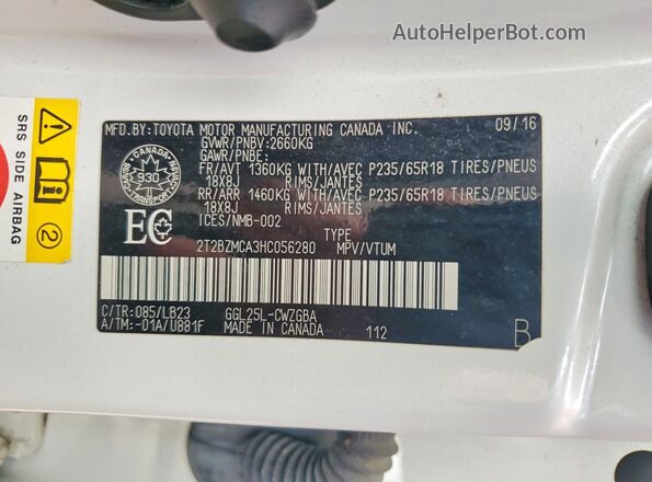 2T2BZMCA3HC056280 2017 LEXUS RX Белый Вид наклейки с VIN-кодом