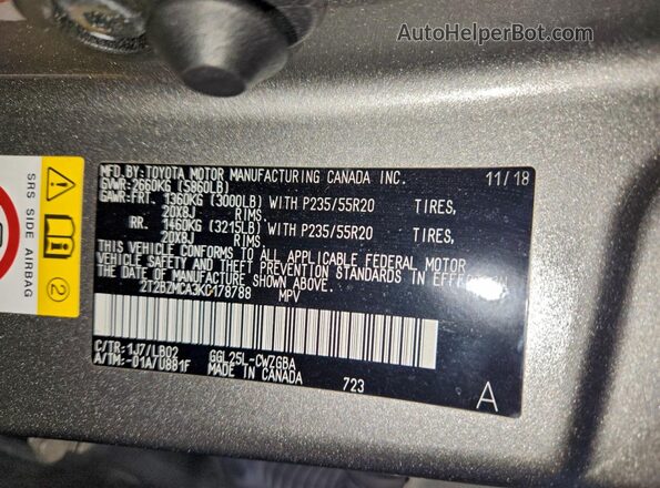 2T2BZMCA3KC178788 2019 LEXUS RX Gray Вид наклейки з VIN-кодом