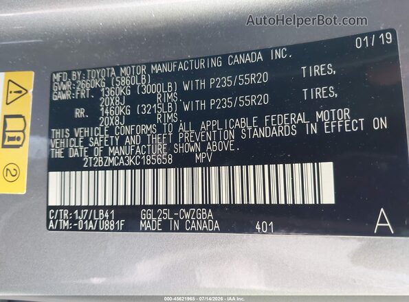 2T2BZMCA3KC185658 2019 LEXUS RX 350 Silver Engine compartment view