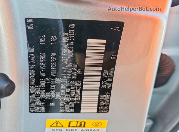 2T2BZMCA4GC034531 2016 LEXUS RX Silver VIN კოდის სტიკერის ხედი